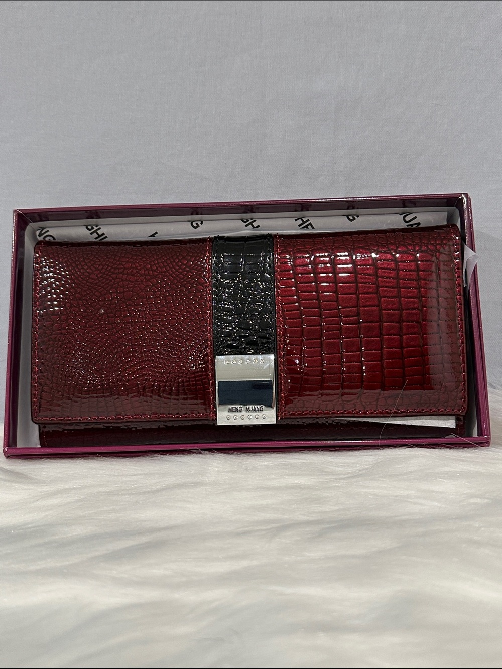 Chic Burgundy Leather Crocodile Embossed Wallet New in Box